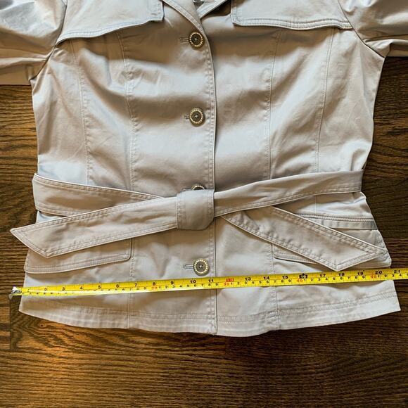 WHBM grey short trench belted jacket crystal buttons size 12 NEW - Picture 10 of 16